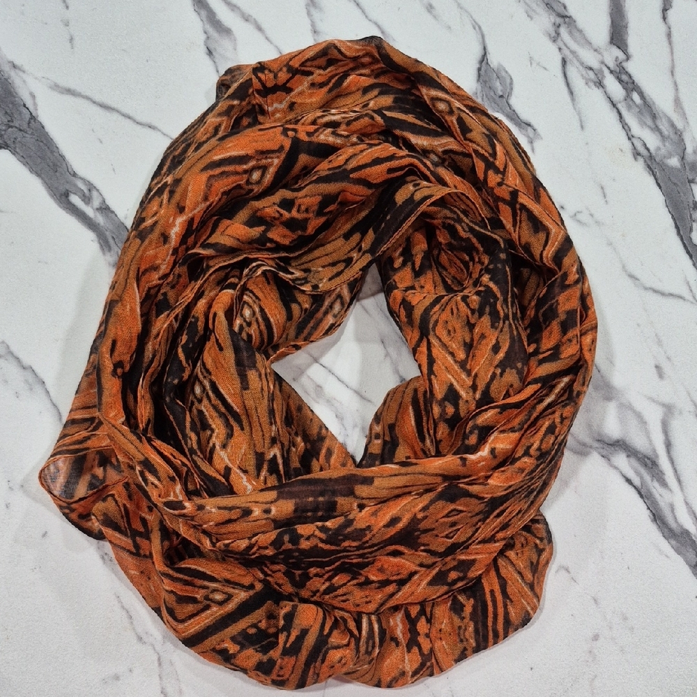 Lightweight Infinity Scarf 25x35.5", Orange & Black Bohemian Pattern Fall
